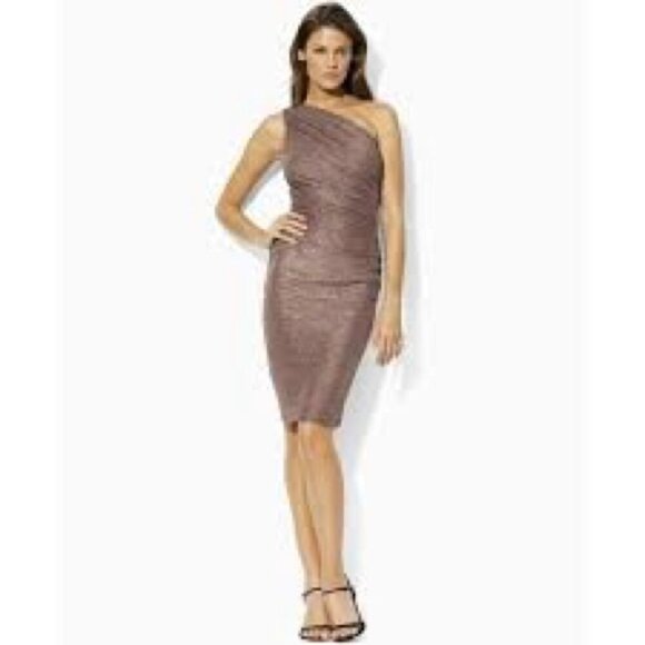 Lauren Ralph Lauren One-Shoulder Metallic Bronze Cocktail Dress Size 12 - Picture 1 of 7
